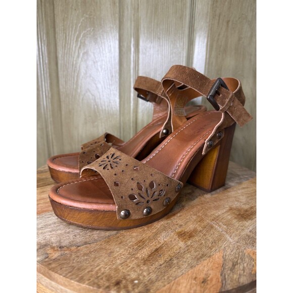 Coach Cognac Leather Platform Heels Size 8.5 Straps Brown Heels - Picture 1 of 8